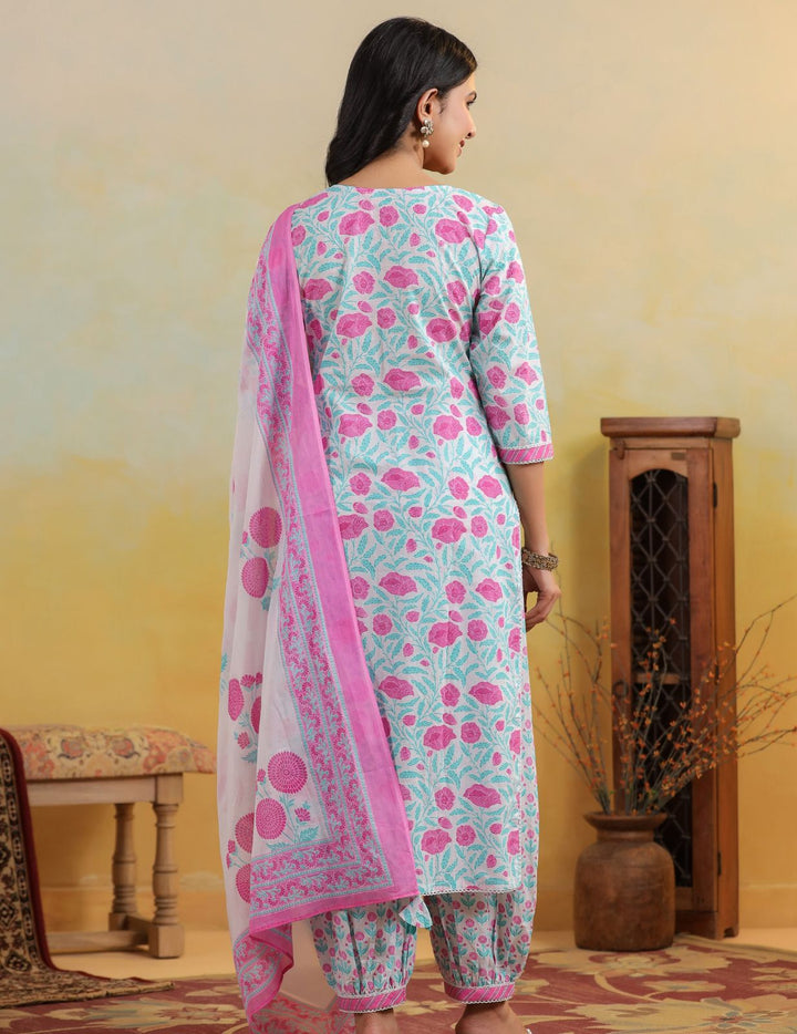 Aqua Pink Floral Printed Pure Cotton Kurta Set with Dupatta