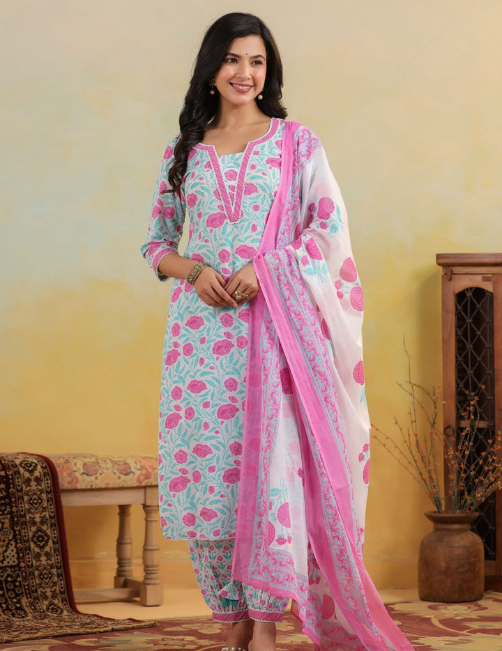 Aqua Pink Floral Printed Pure Cotton Kurta Set with Dupatta