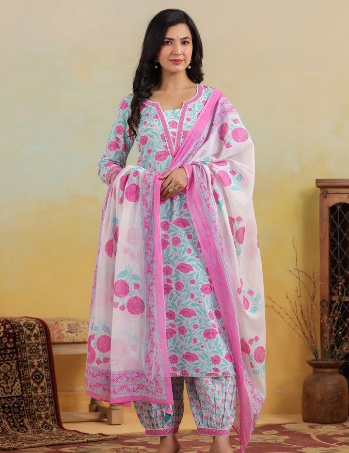 Aqua Pink Floral Printed Pure Cotton Kurta Set with Dupatta