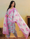 Aqua Pink Floral Printed Pure Cotton Kurta Set with Dupatta
