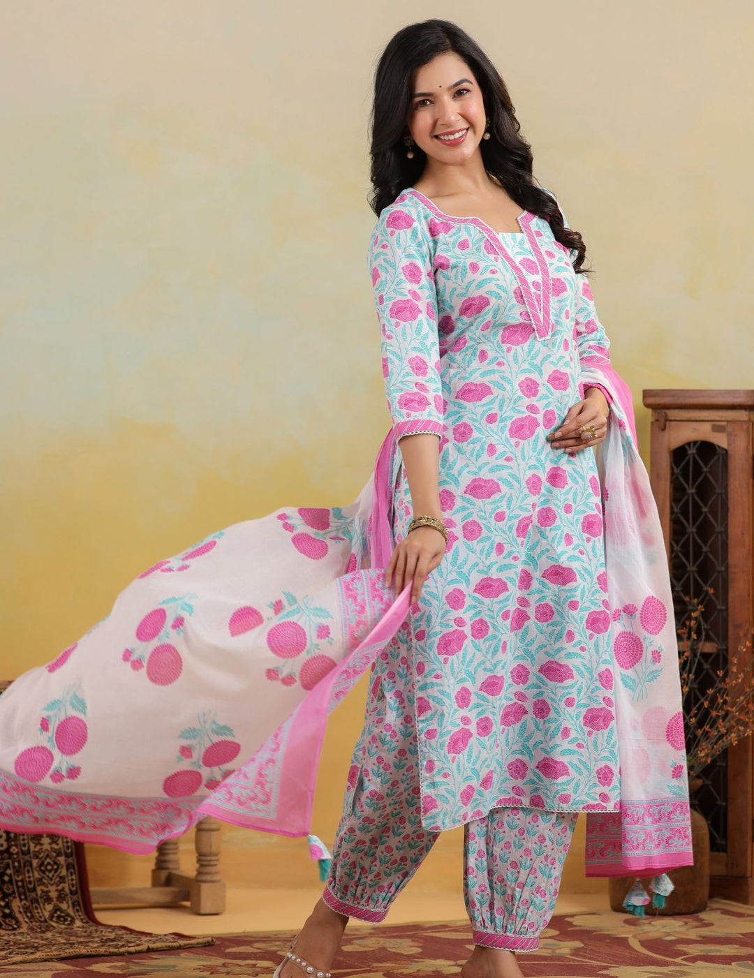 Aqua Pink Floral Printed Pure Cotton Kurta Set with Dupatta