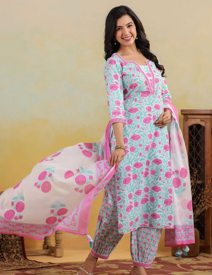 Aqua Pink Floral Printed Pure Cotton Kurta Set with Dupatta