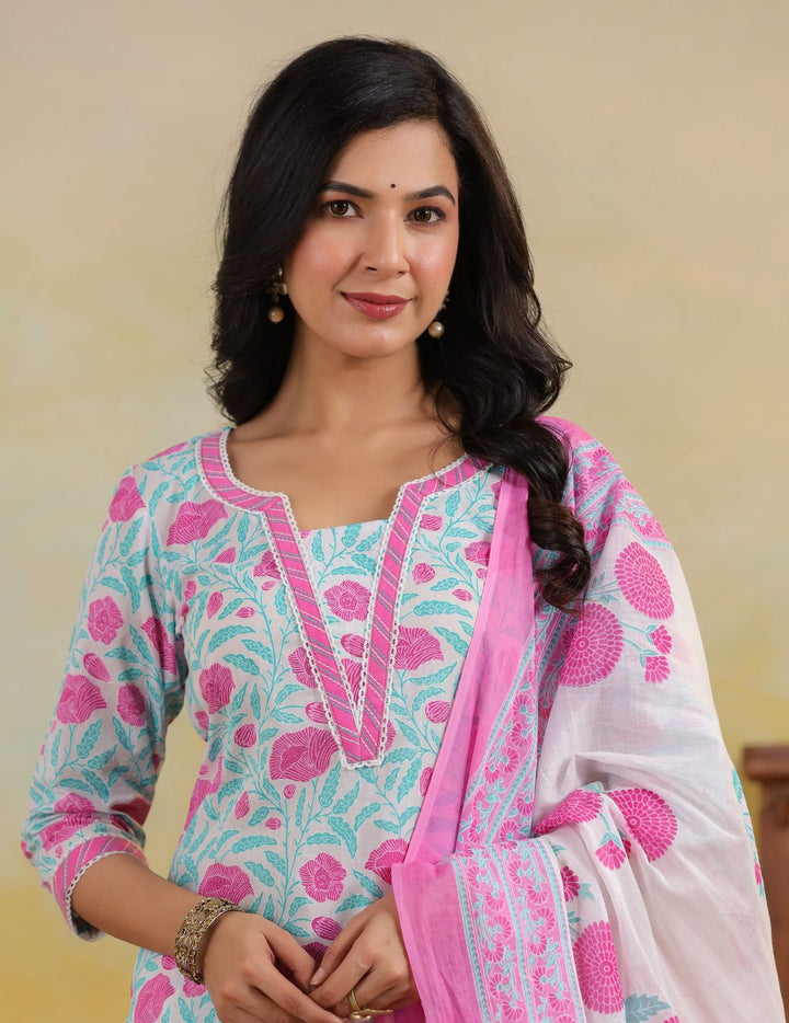 Aqua Pink Floral Printed Pure Cotton Kurta Set with Dupatta