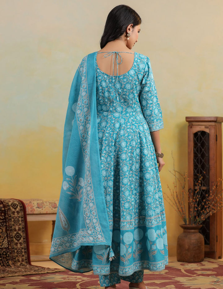 Turquoise Blue Floral Cotton Anarkali Suit Set with Dupatta