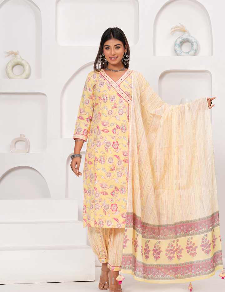 Elegant Floral Yellow Cotton Kurta Set