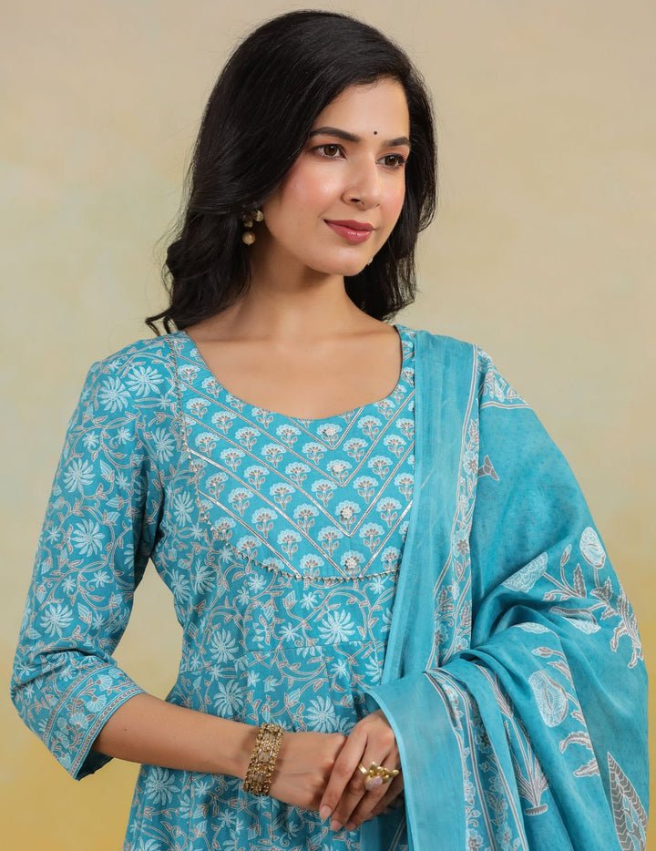 Turquoise Blue Floral Cotton Anarkali Suit Set with Dupatta