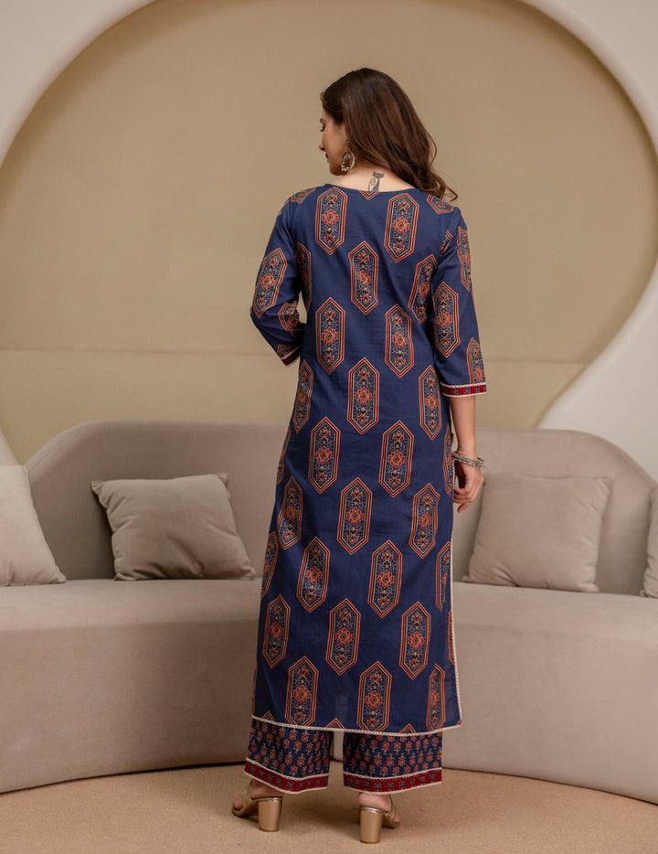 Navy Blue Ajrakh Print Cotton Suit Set