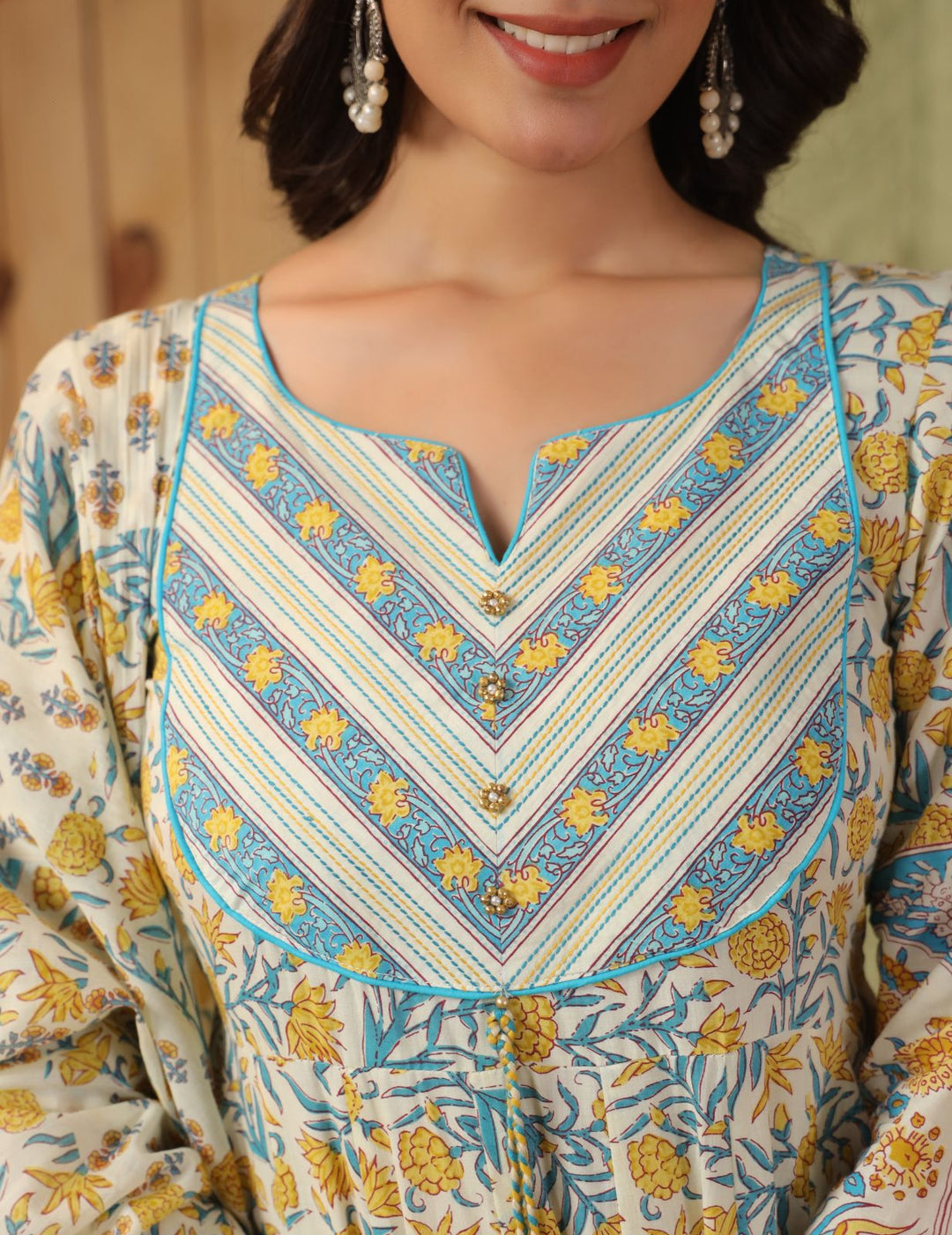 Ivory Floral Printed Cotton Anarkali Suit Set
