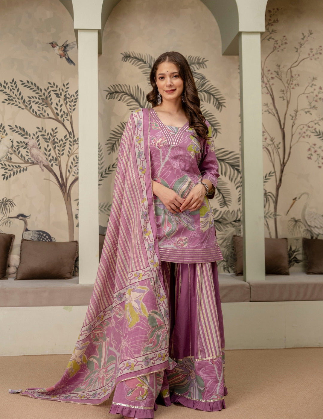 Mauve Floral Cotton Sharara Suit