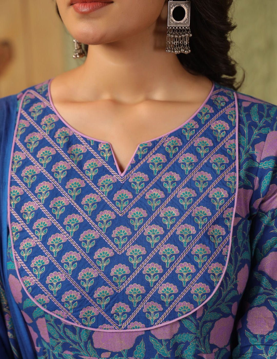 Royal Blue Printed Cotton Anarkali Suit Set with Dupatta