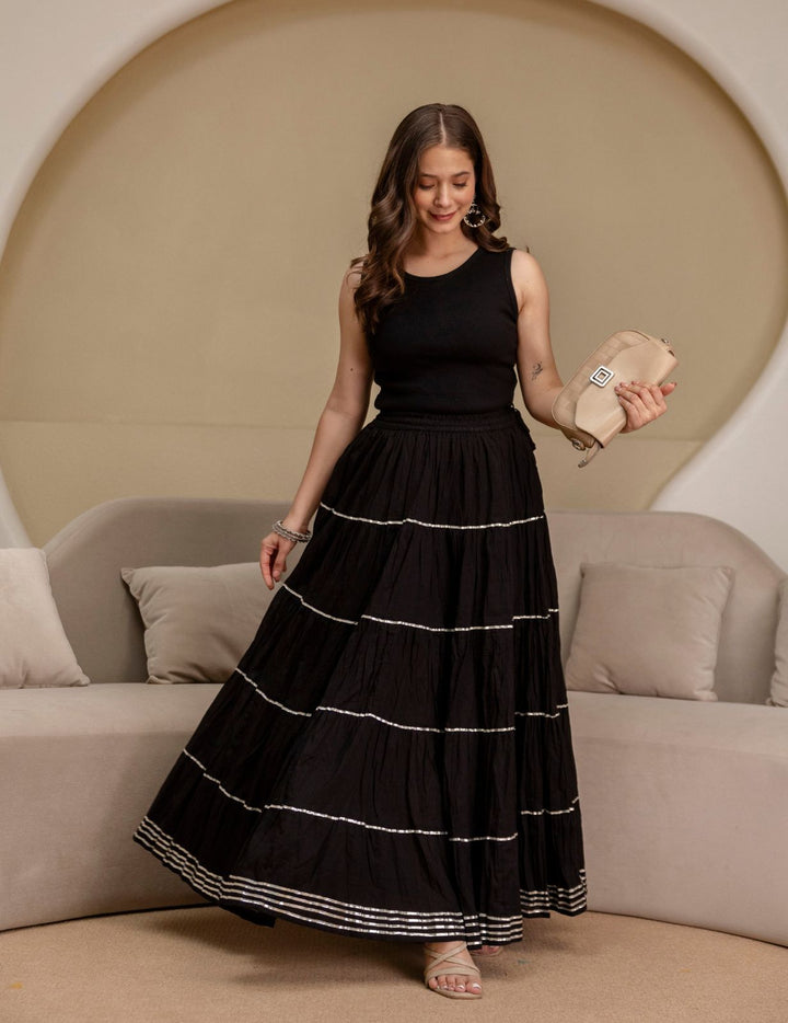 Black Mul Cotton Tiered Skirt