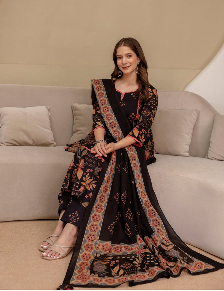 Black Floral Cotton Suit Set