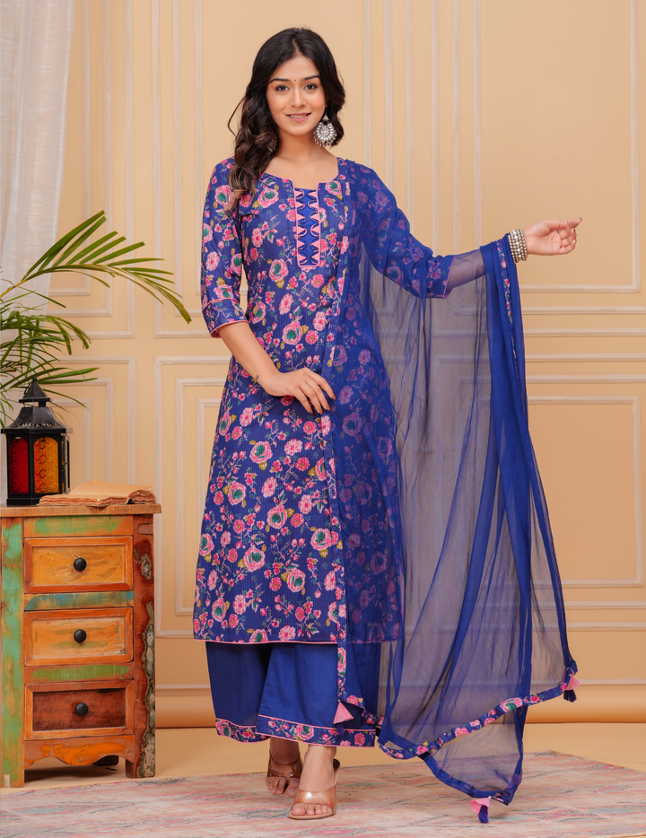 Vibrant Floral Cotton Kurta Sets - Yellow and Blue