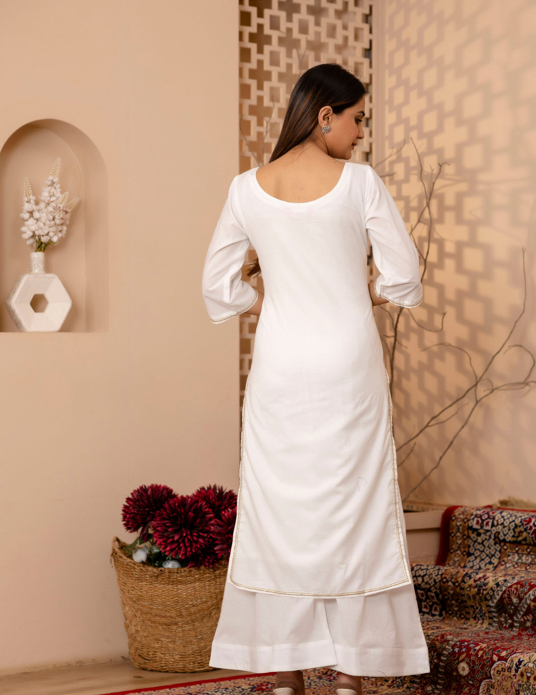 Elegant White Cotton Kurta Set with Kota Doria Dupatta