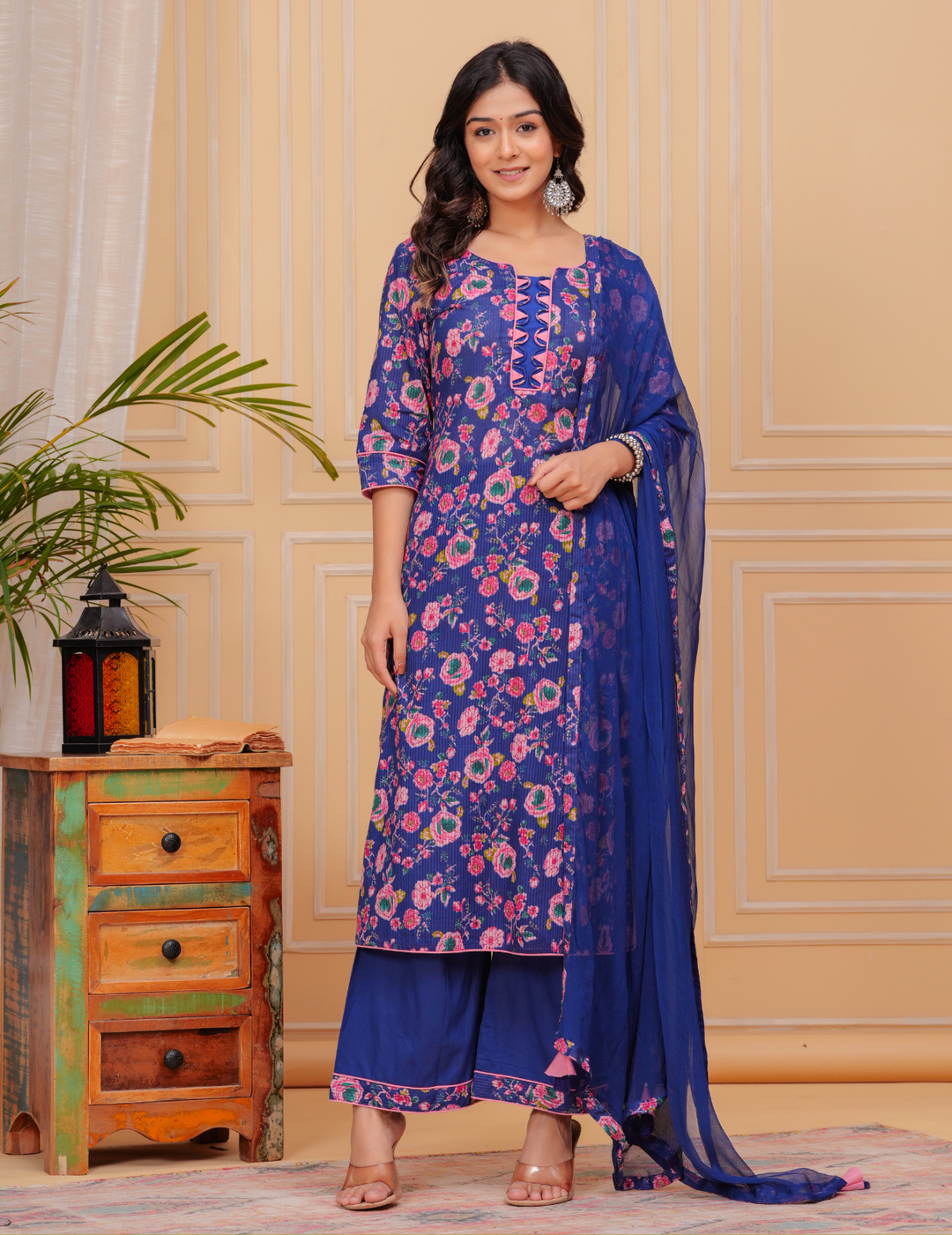 Vibrant Floral Cotton Kurta Sets - Yellow and Blue