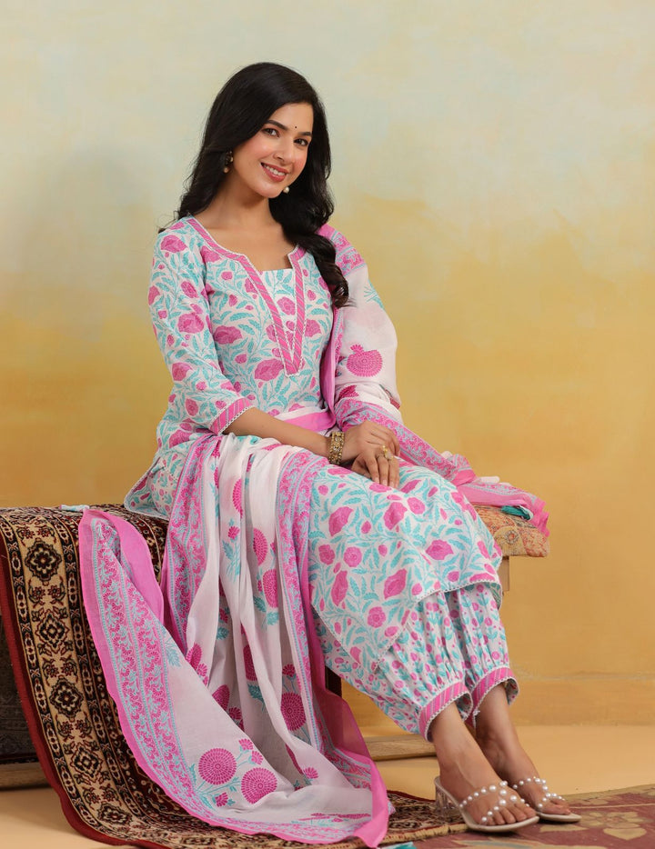 Aqua Pink Floral Printed Pure Cotton Kurta Set with Dupatta