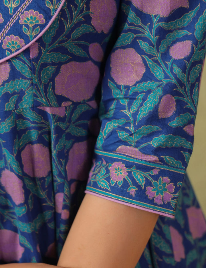 Royal Blue Printed Cotton Anarkali Suit Set with Dupatta