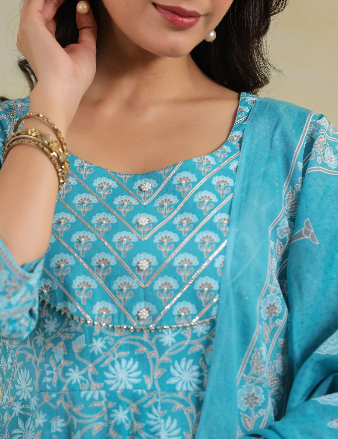 Turquoise Blue Floral Cotton Anarkali Suit Set with Dupatta
