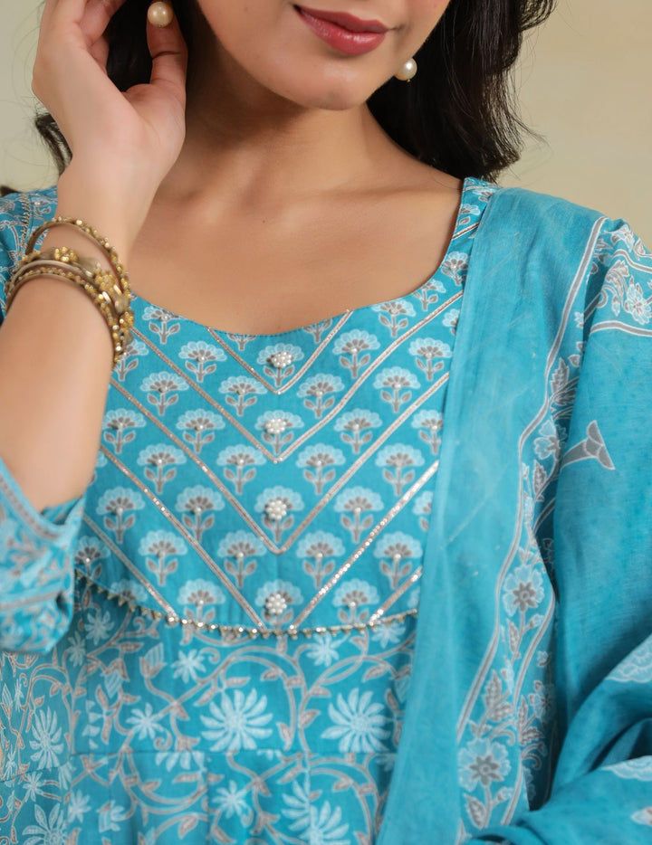 Turquoise Blue Floral Cotton Anarkali Suit Set with Dupatta