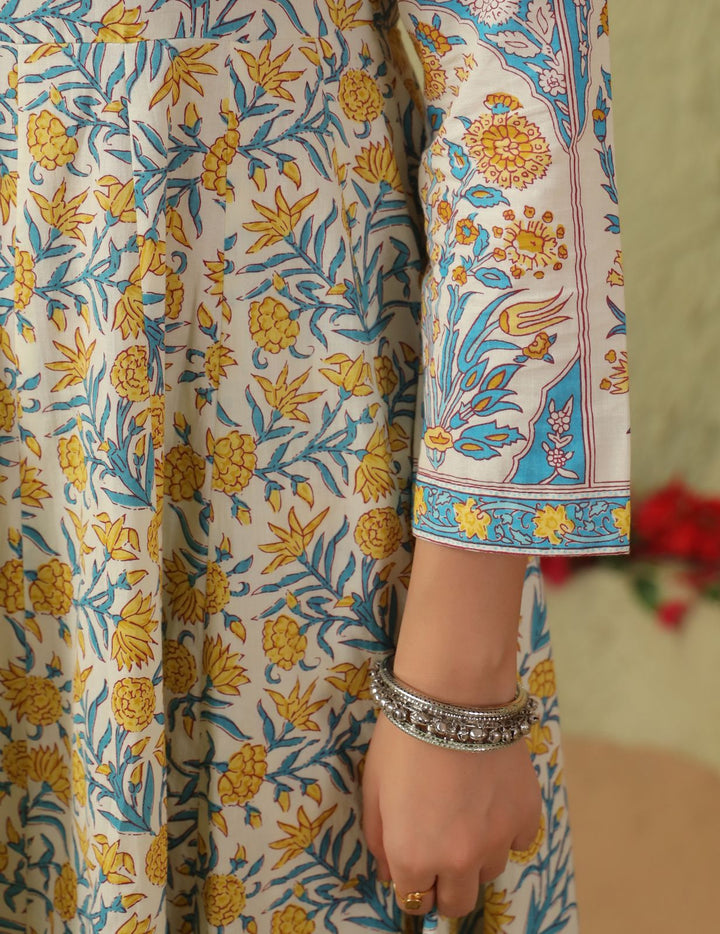 Ivory Floral Printed Cotton Anarkali Suit Set