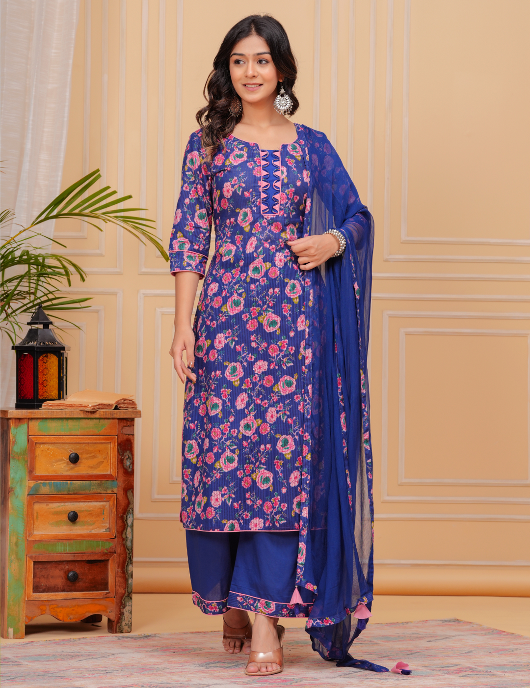 Vibrant Floral Cotton Kurta Sets - Yellow and Blue