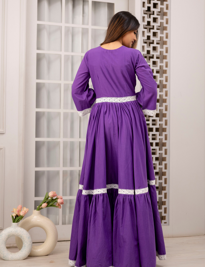 Regal Purple Lace-Trimmed Maxi Dress