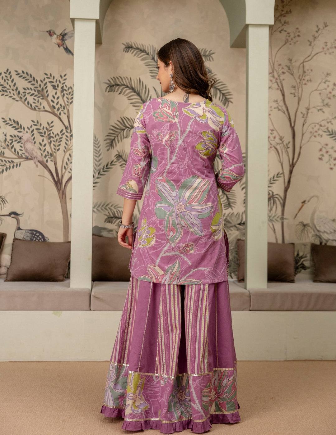 Mauve Floral Cotton Sharara Suit