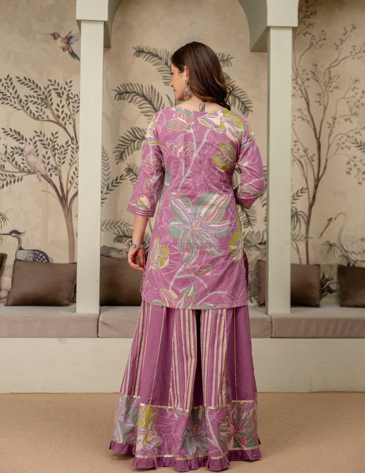 Mauve Floral Cotton Sharara Suit