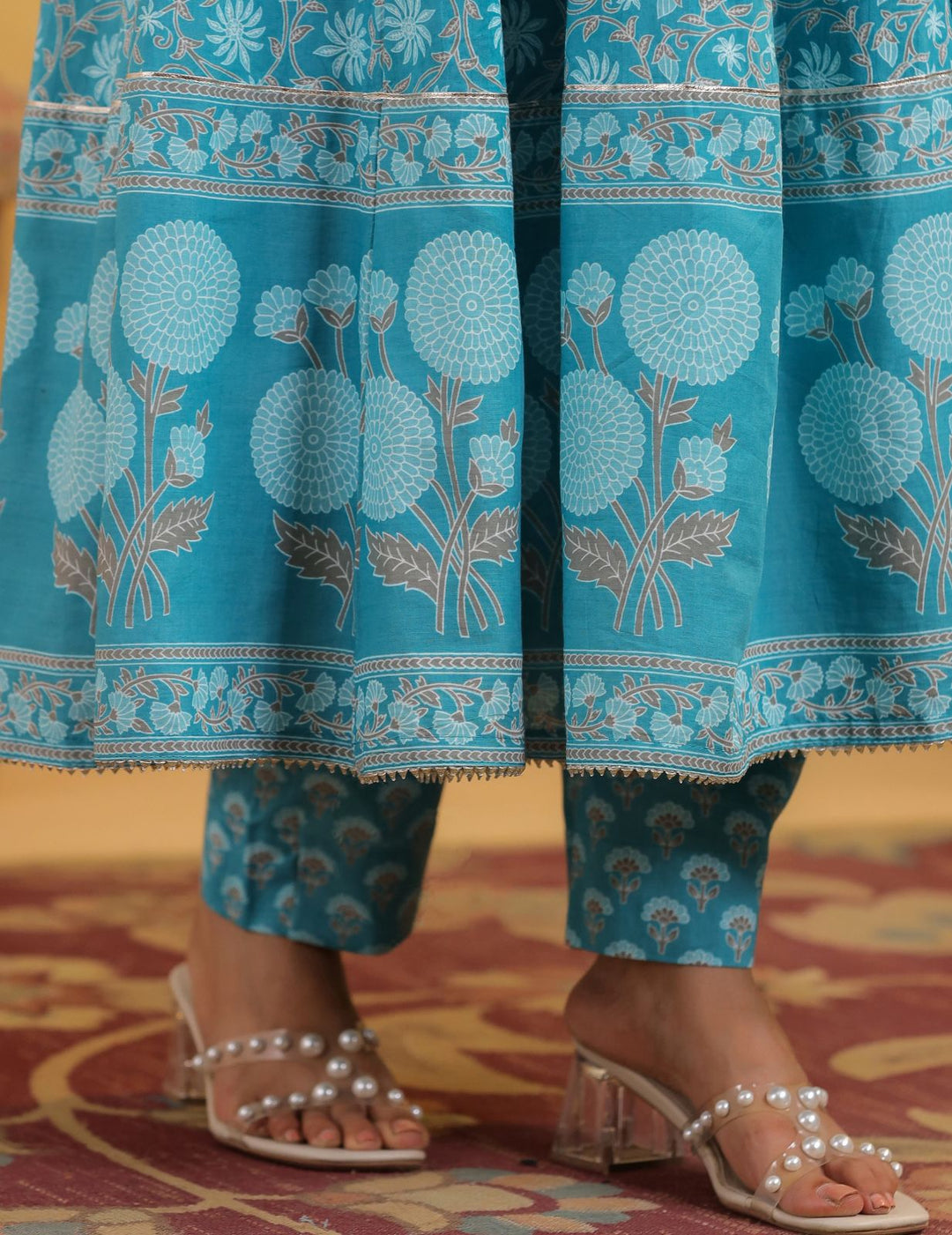 Turquoise Blue Floral Cotton Anarkali Suit Set with Dupatta