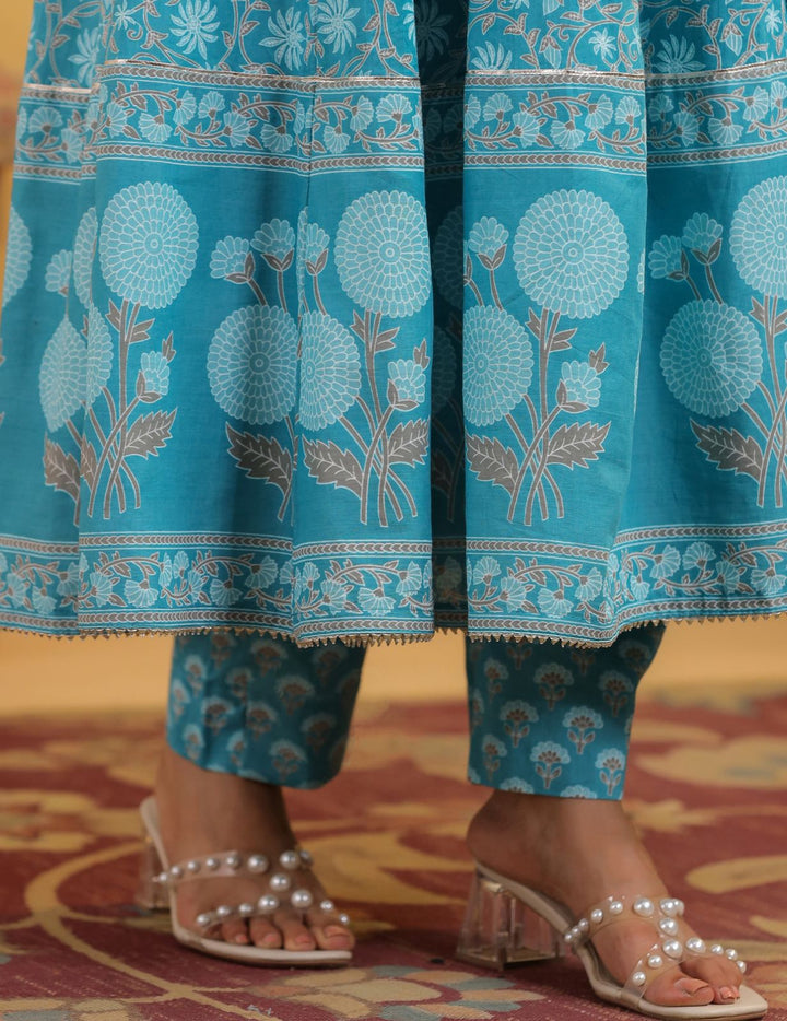 Turquoise Blue Floral Cotton Anarkali Suit Set with Dupatta