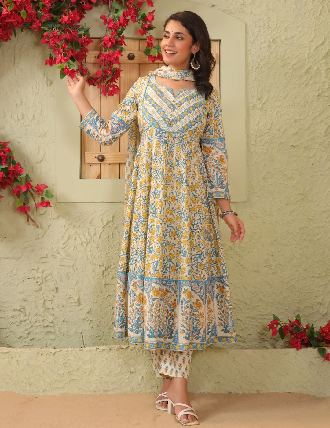 Ivory Floral Printed Cotton Anarkali Suit Set