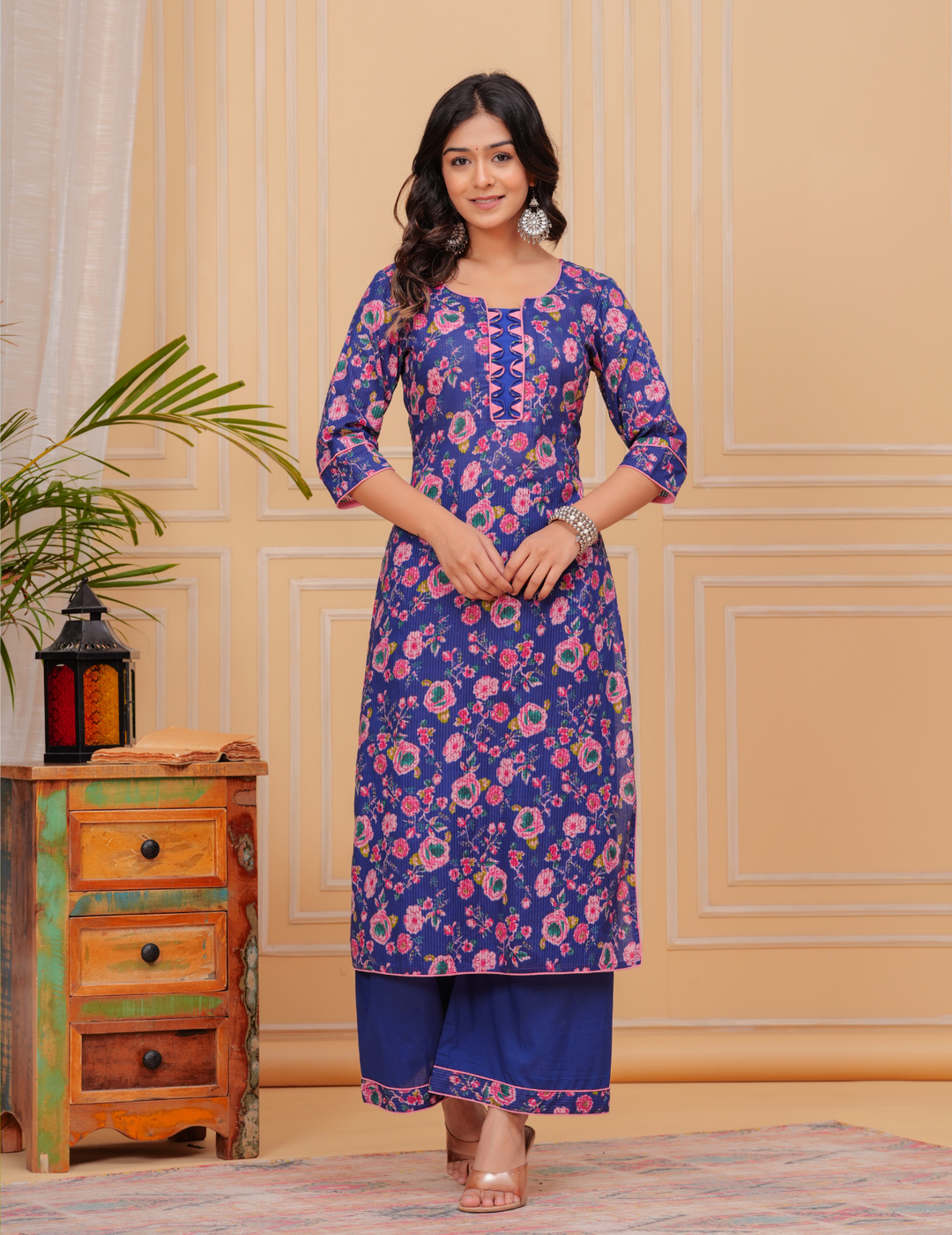 Vibrant Floral Cotton Kurta Sets - Yellow and Blue