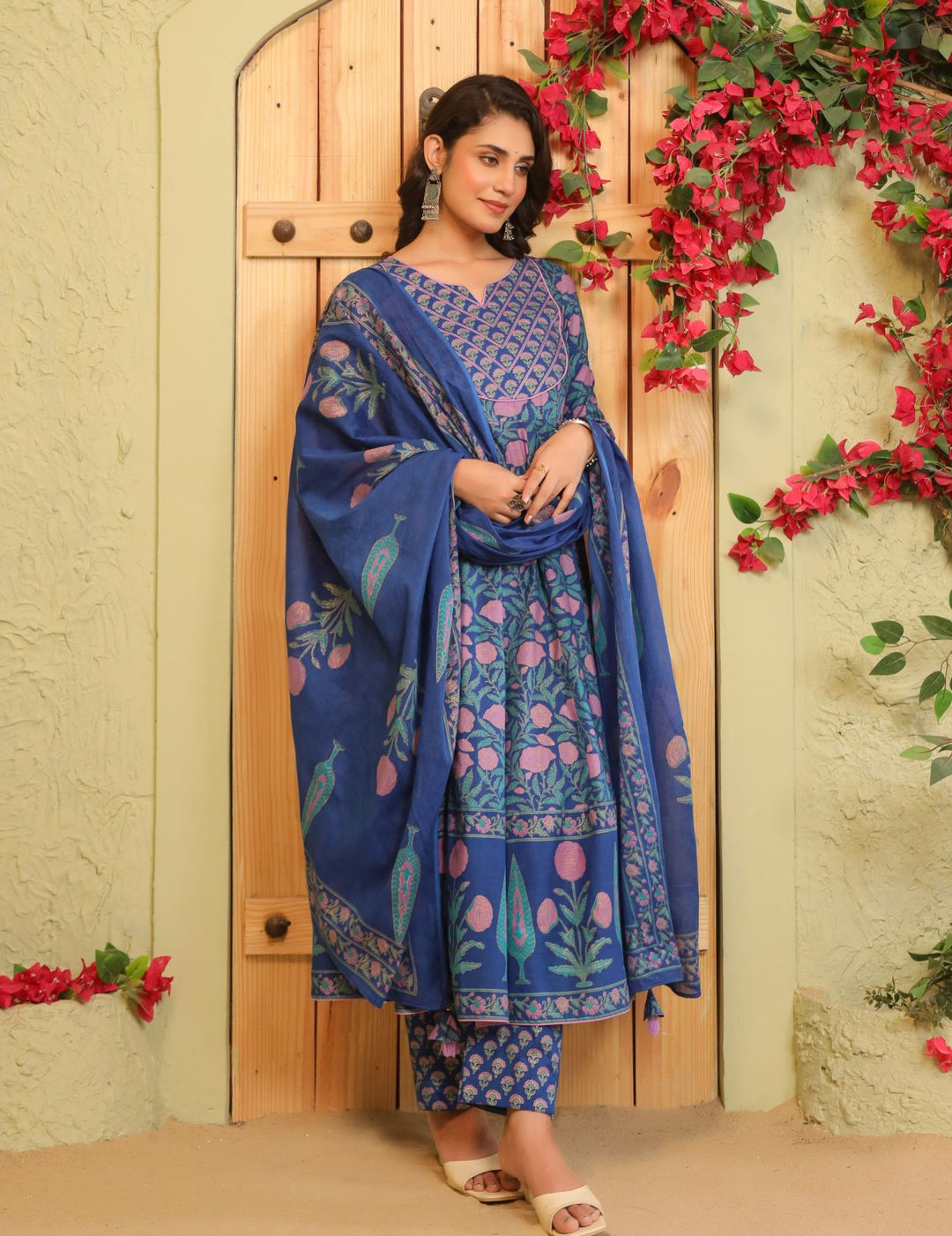Royal Blue Printed Cotton Anarkali Suit Set with Dupatta