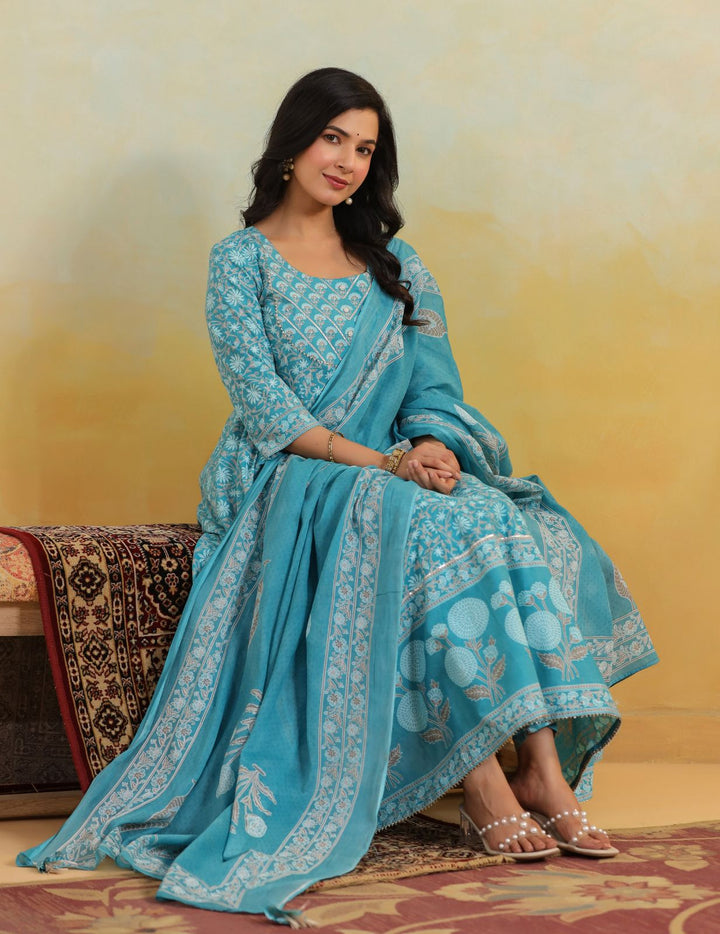 Turquoise Blue Floral Cotton Anarkali Suit Set with Dupatta
