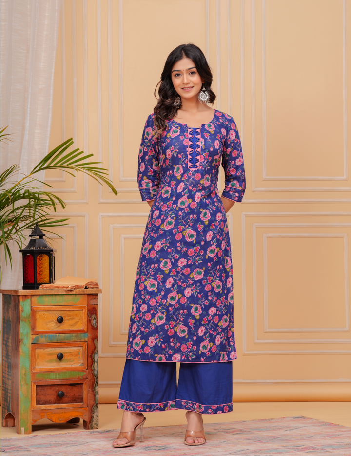 Vibrant Floral Cotton Kurta Sets - Yellow and Blue