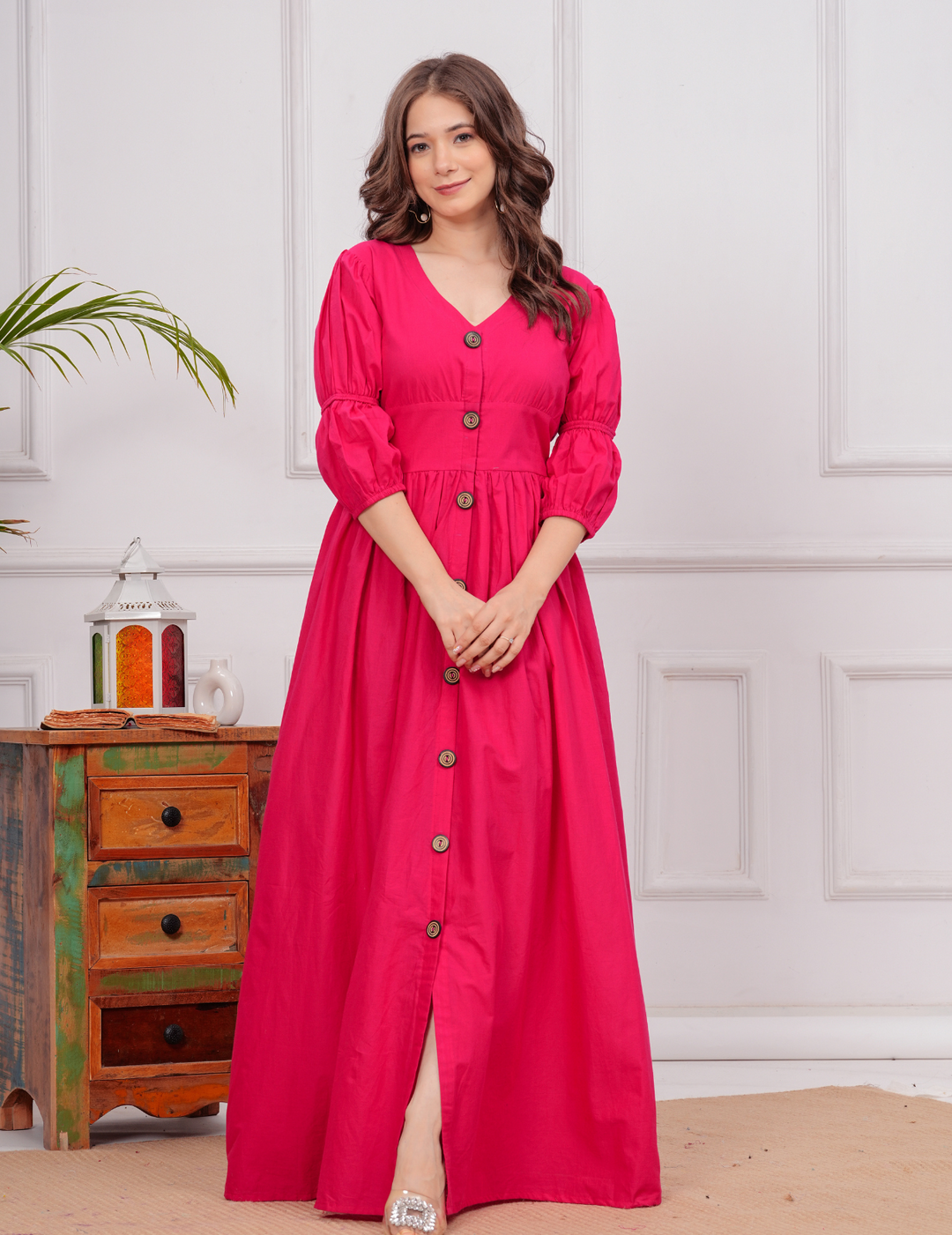 Elegant Hot Pink Maxi Dress with Button-Front Design