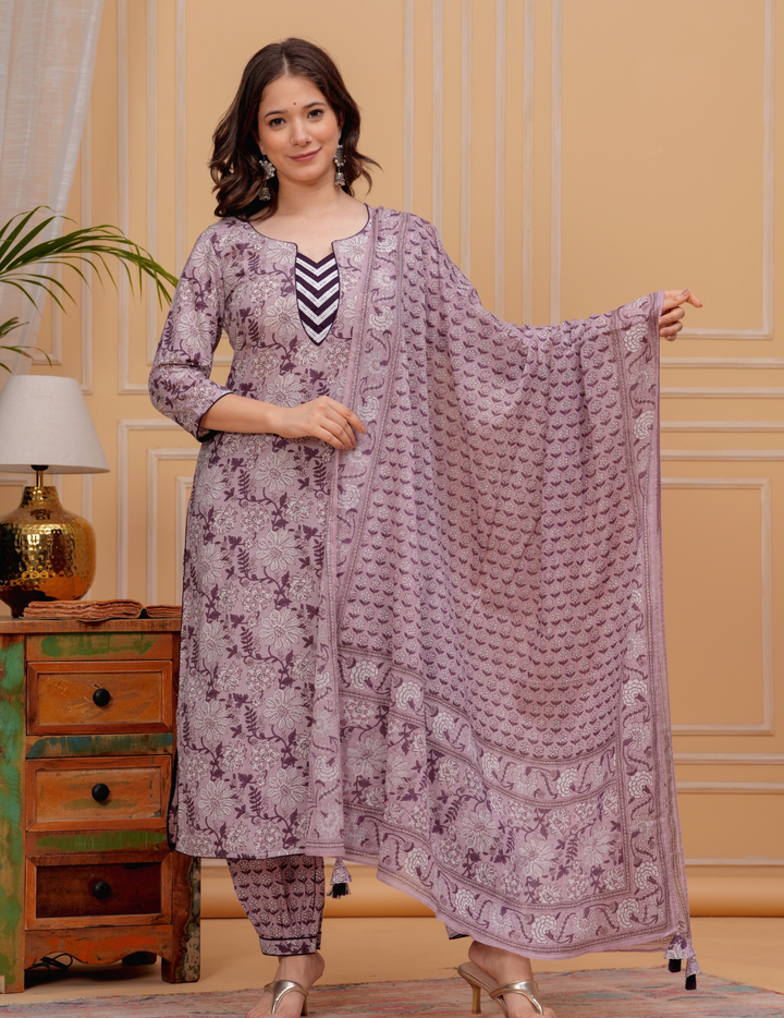 Delicate Lilac Floral Cotton Kurta Set