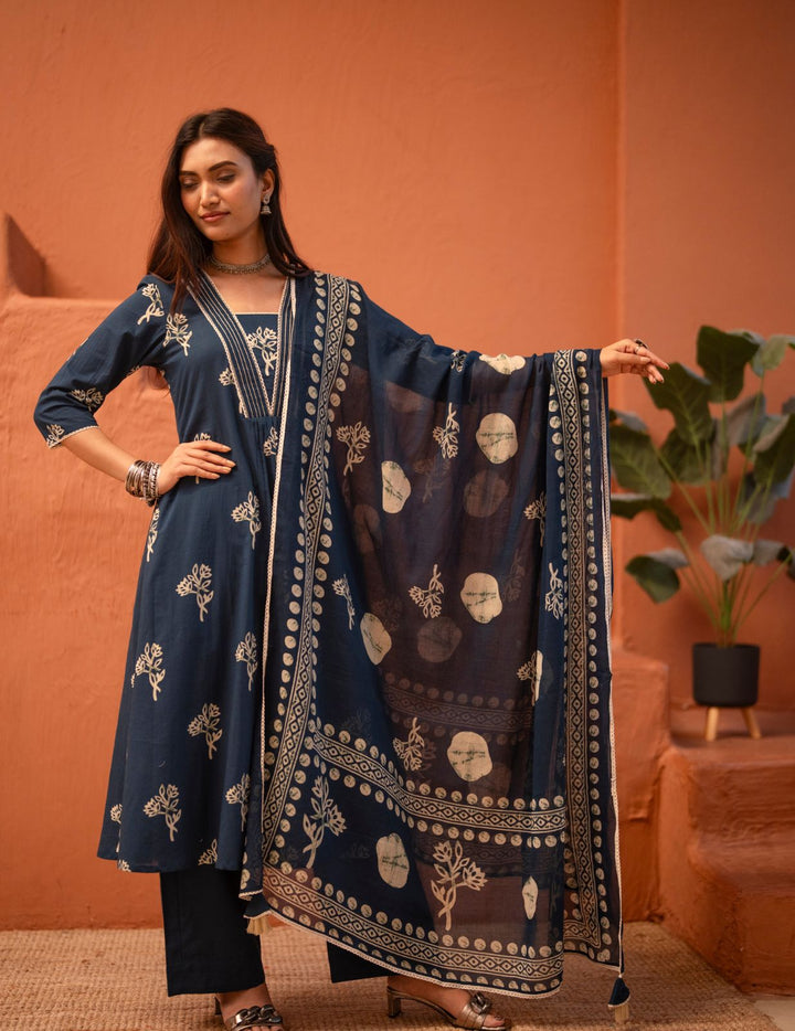 Navy Blue Floral Printed Pure Cotton Kurta Set with Dupatta