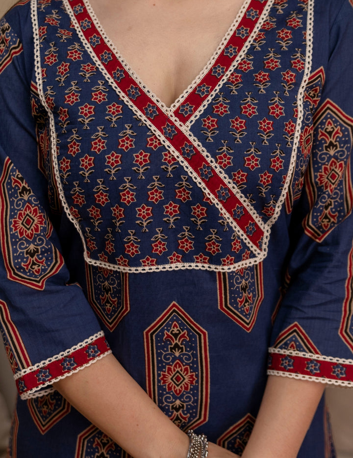 Navy Blue Ajrakh Print Cotton Suit Set
