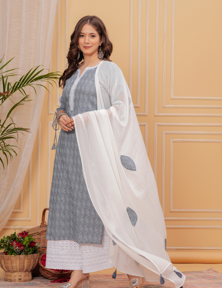 Elegant Grey Kurta Set with White Lace Detailing