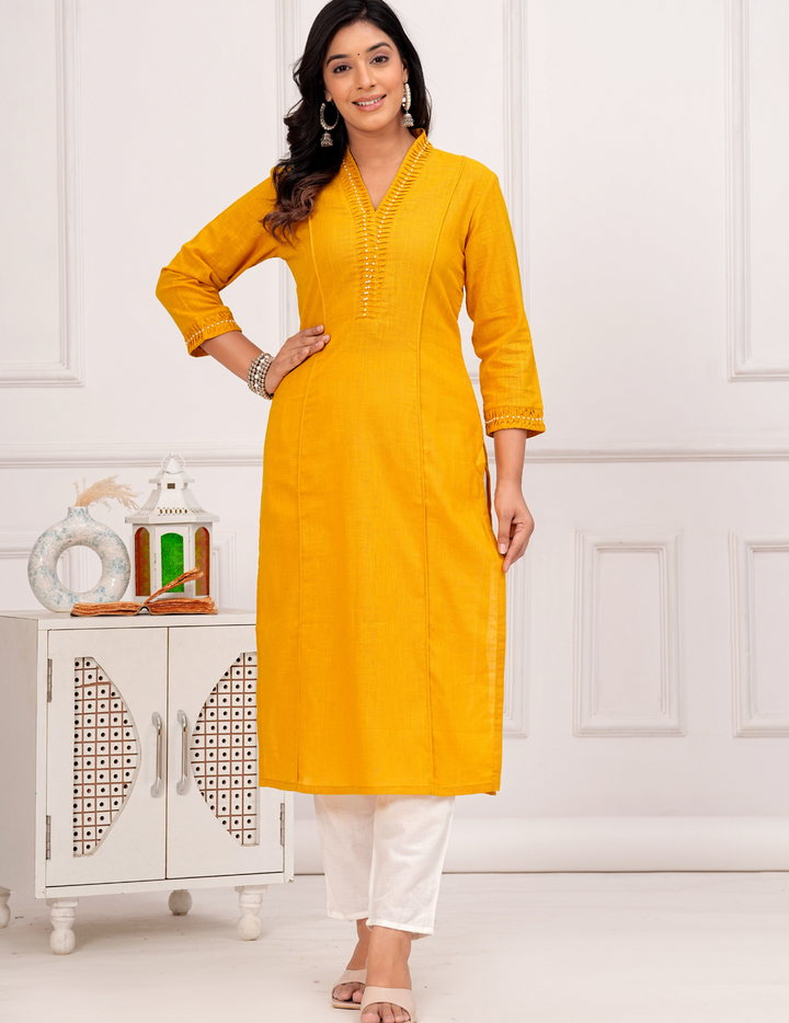 Golden Mustard Embroidered Kurta