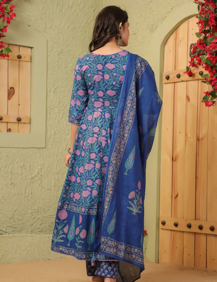 Royal Blue Printed Cotton Anarkali Suit Set with Dupatta