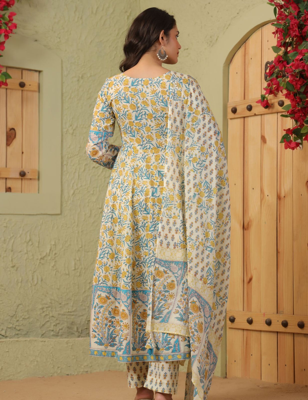 Ivory Floral Printed Cotton Anarkali Suit Set