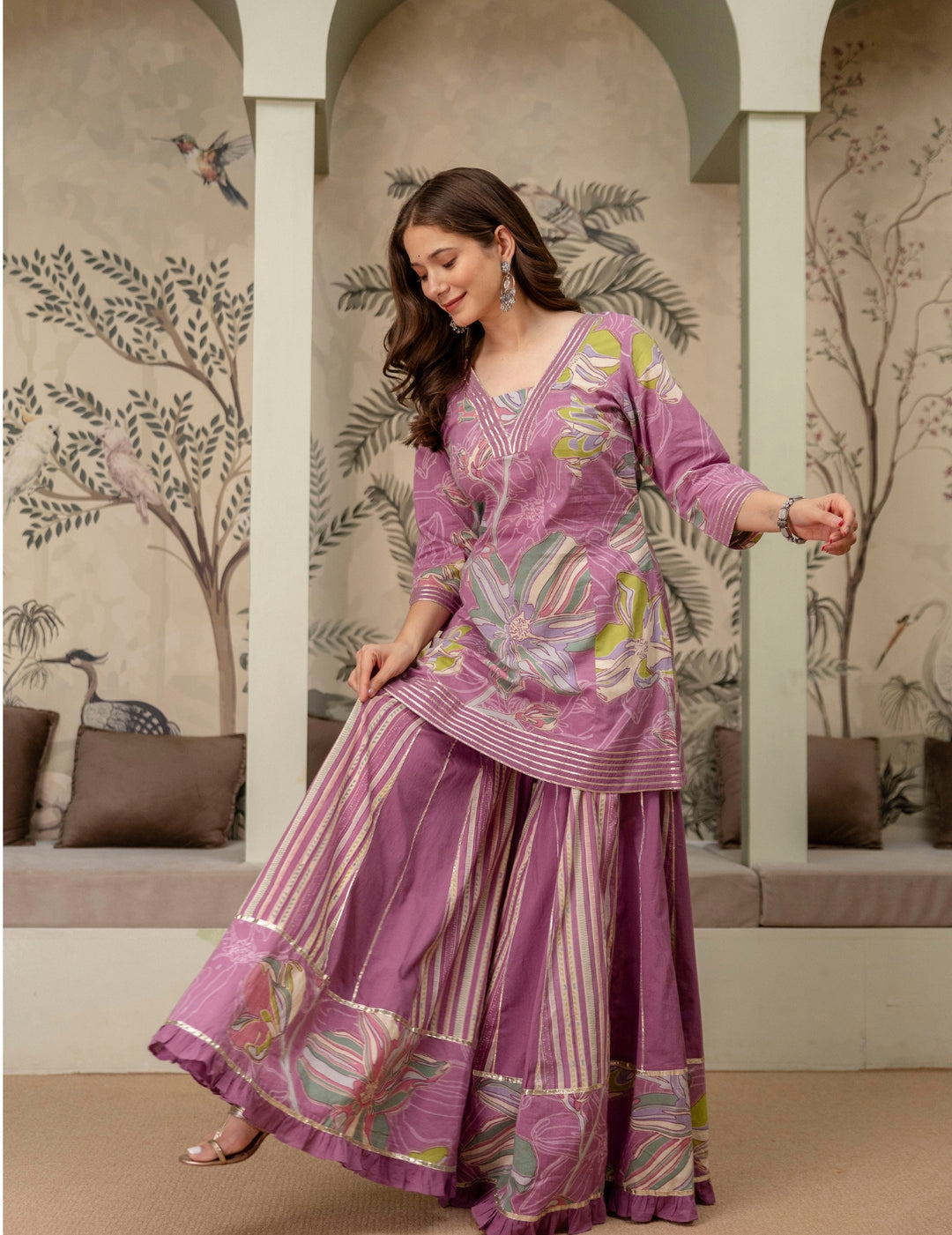 Mauve Floral Cotton Sharara Suit