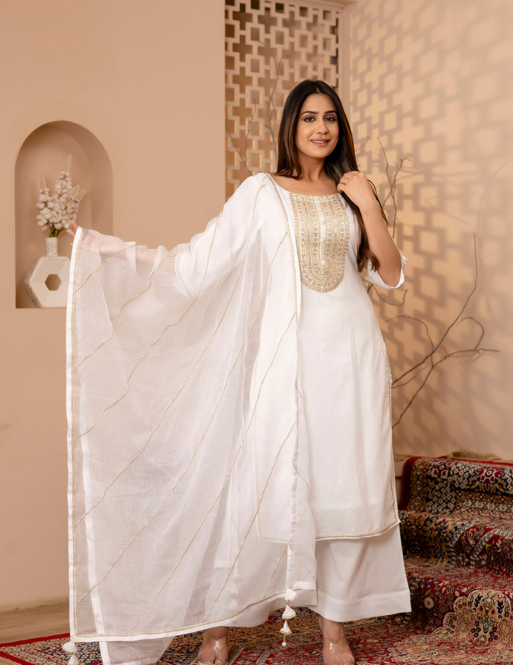 Elegant White Cotton Kurta Set with Kota Doria Dupatta