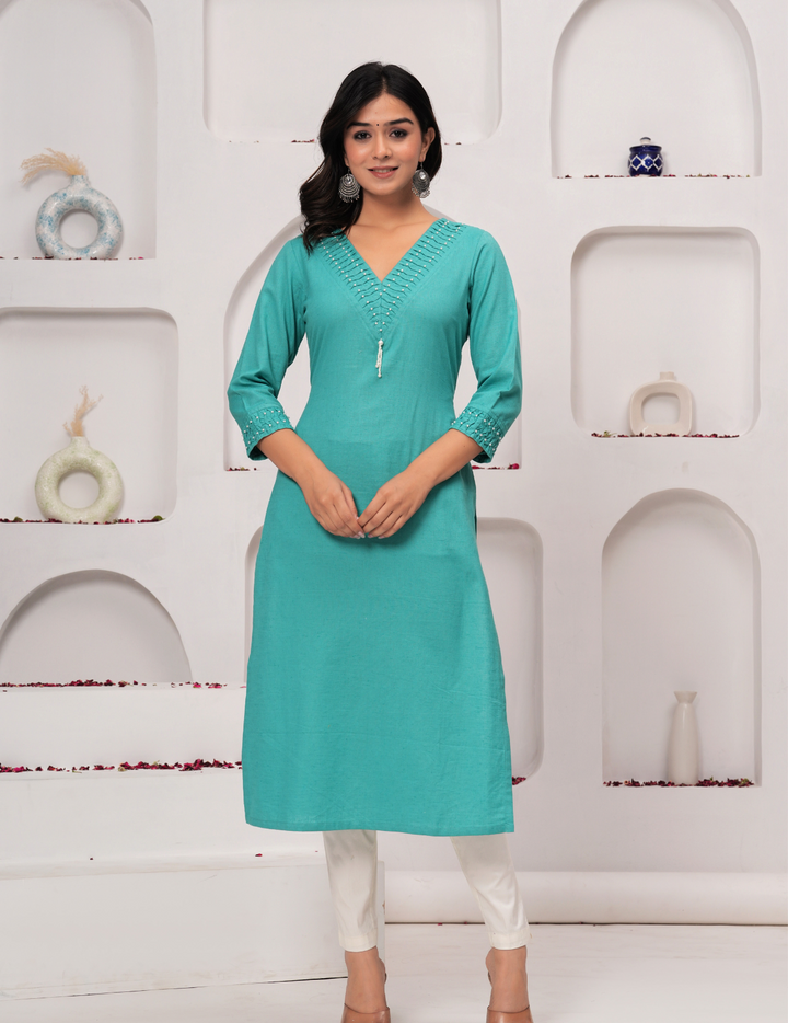 Turquoise Pearl-Embellished Kurta