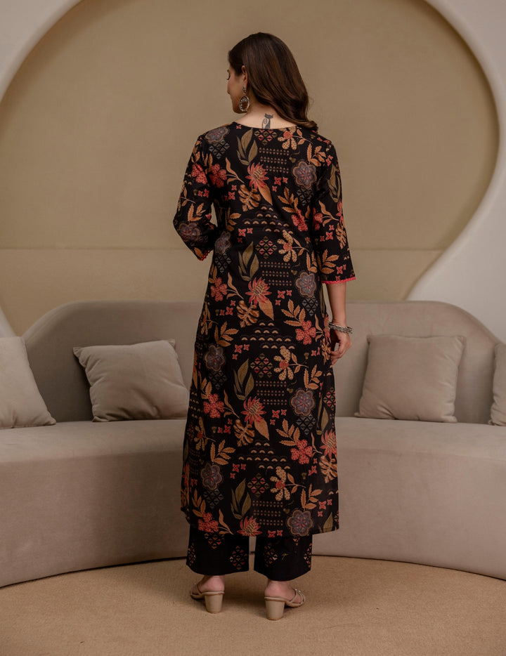 Black Floral Cotton Suit Set