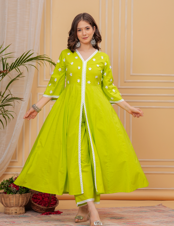 Vibrant Lime Green Anarkali Set with Floral Embroidery