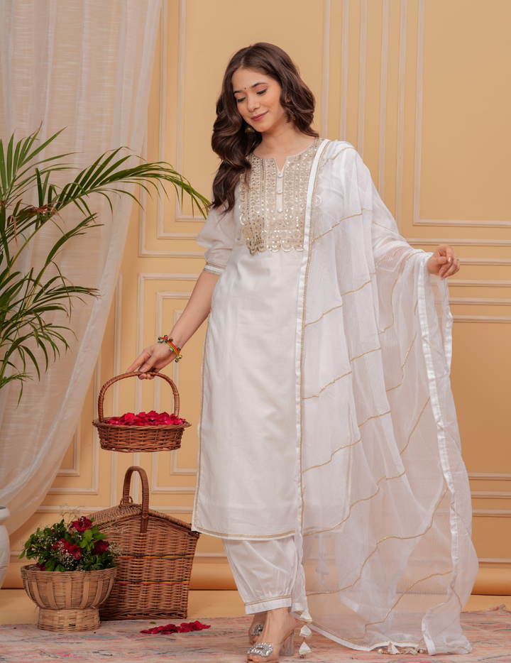 Elegant White Embroidered Kurta Set with Dupatta