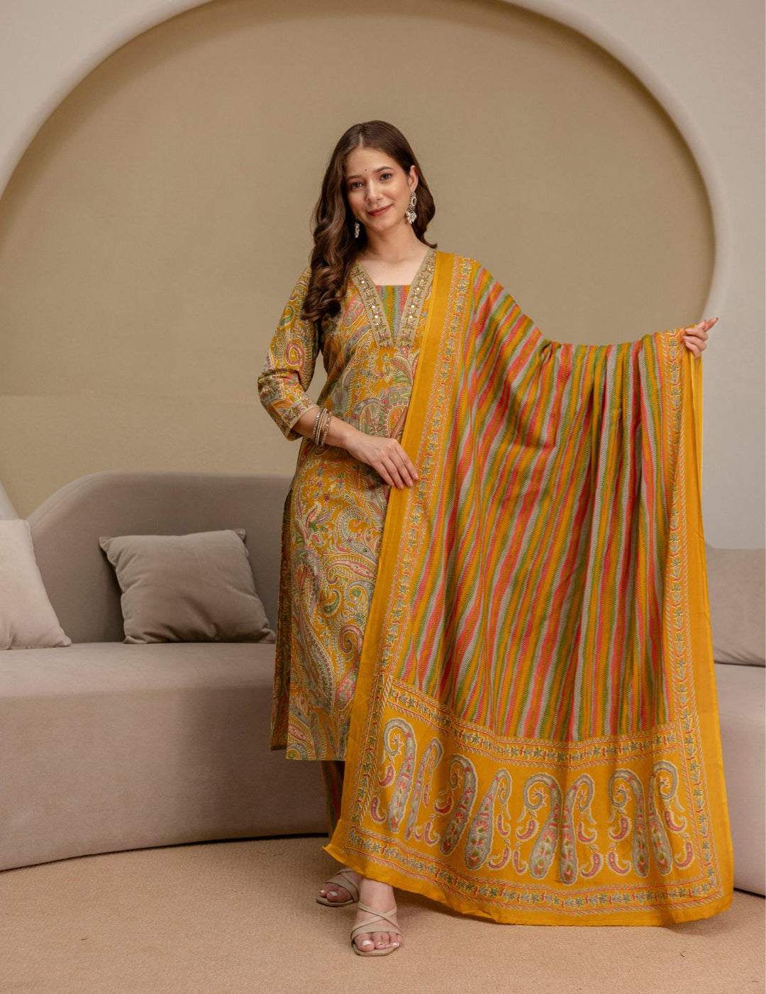 Mustard Yellow Paisley Cotton Suit Set